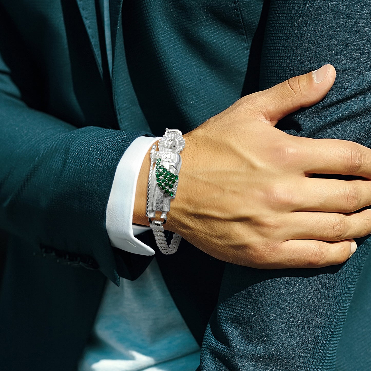 Esclava San Judas Plata 925 con Zirconias para Hombre