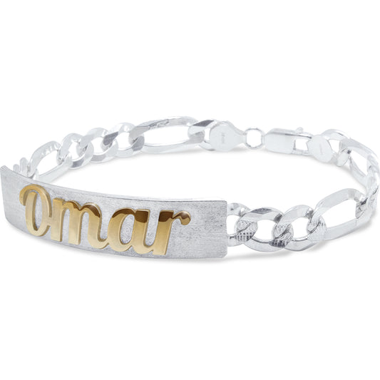 Esclava de Plata 925 para Caballero con Placa Personalizable y Letras Cursiva de Oro 10k.