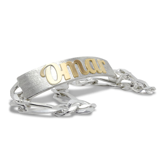 Esclava de Plata 925 para Caballero con Placa Personalizable y Letras Cursiva de Oro 10k.