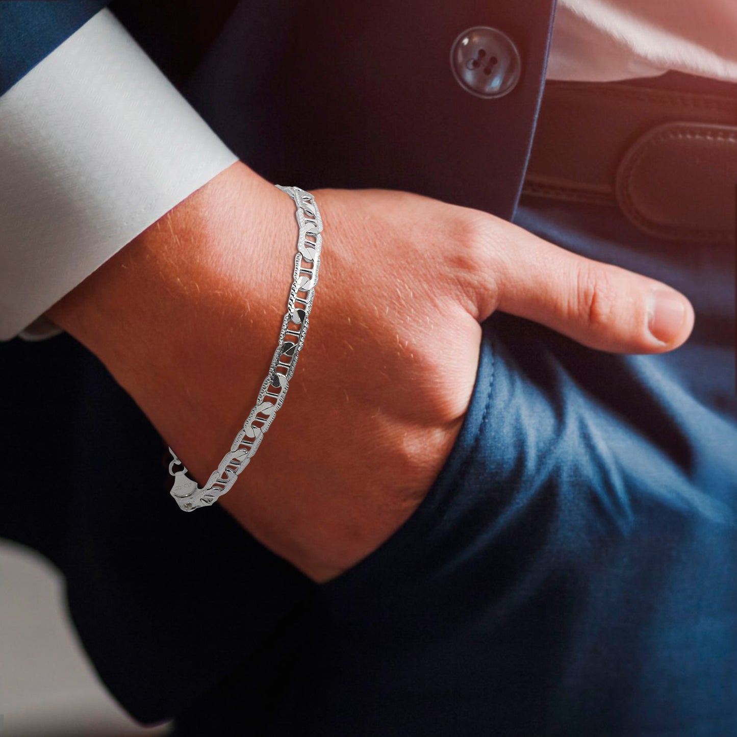 Pulsera de Plata Fina 925 Tipo Planchada Diamantada