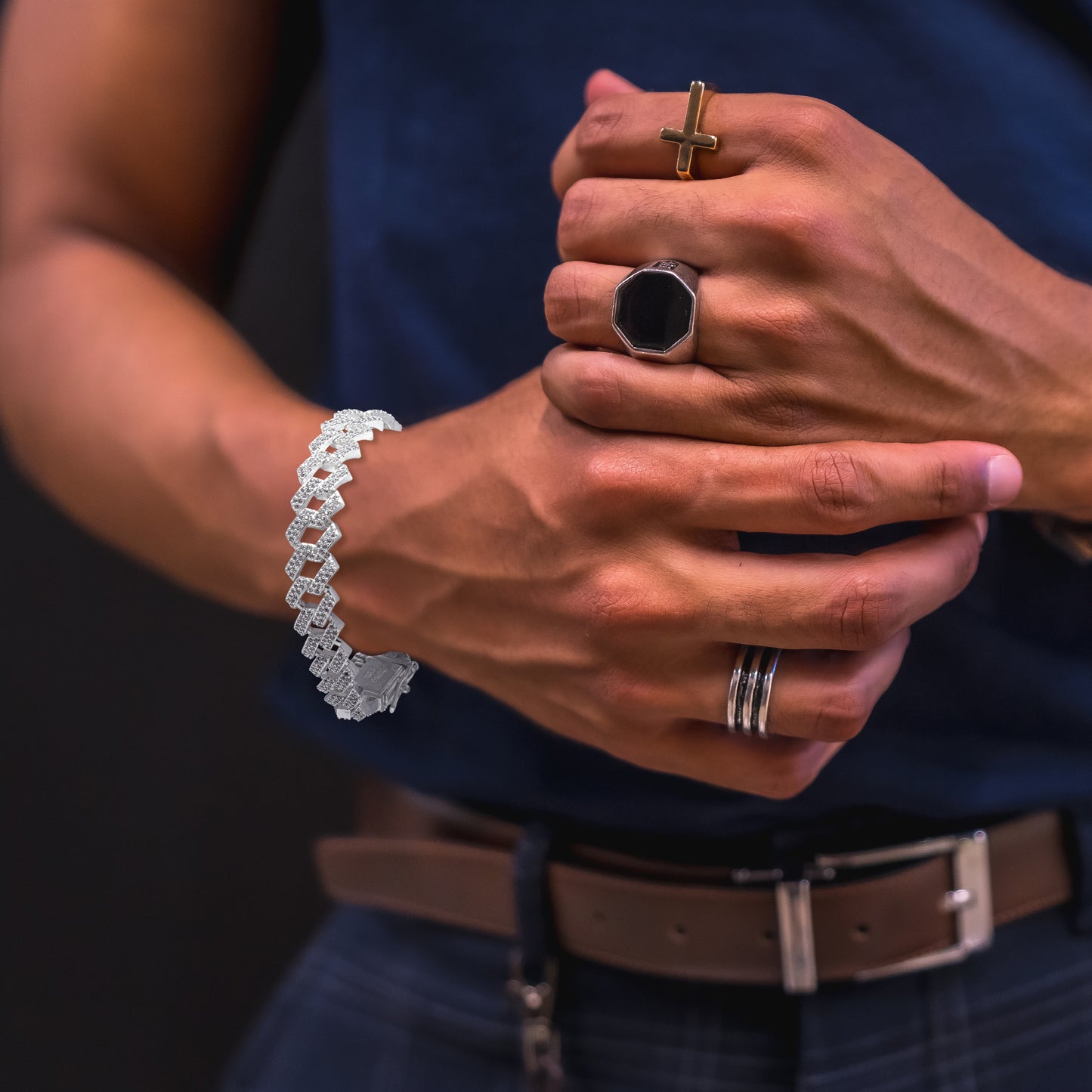 Pulsera Hombre Cubana Plata 925 Gruesa Con Zirconias Pulso